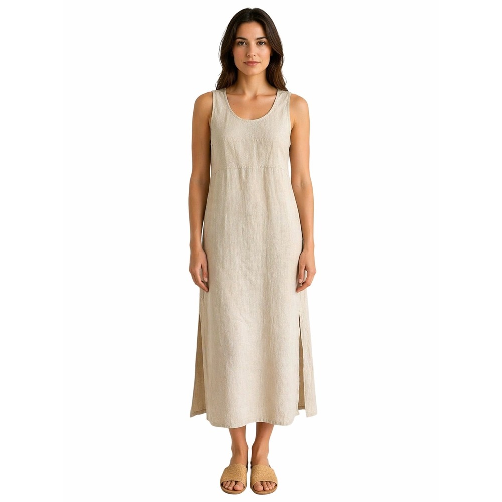 Ann Taylor Linen Midi Dress Beige Coastal Quiet Luxury Minimalist Resort Size 2